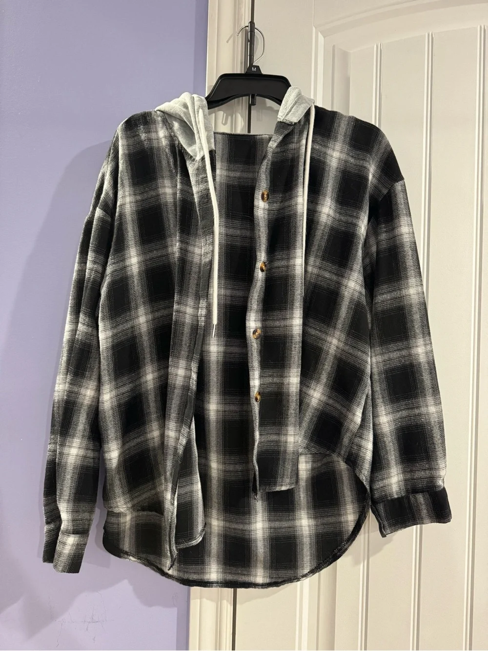 Men's Black & White Plaid Hooded Button-Up Shirt Jacket